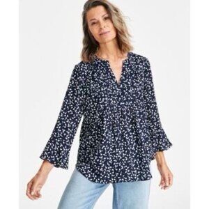 Style & Co Women's Printed Pintuck Ruffle Sleeve Top navy white